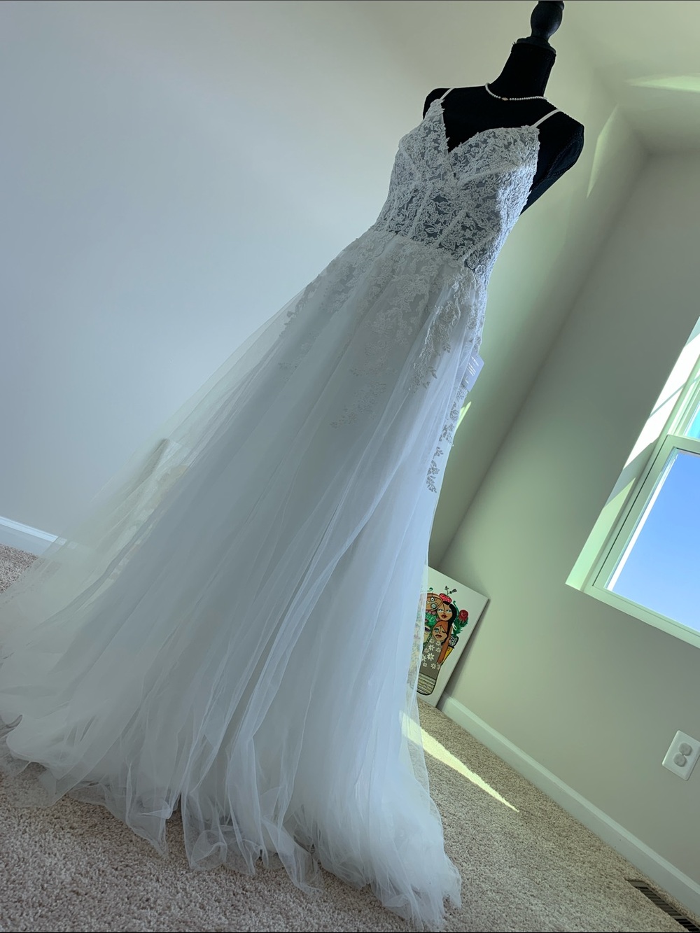 Lace Bodice Tulle A-Line Wedding Gown - White